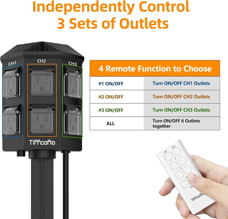 Tiffcofio Outdoor Remote Control Power Strip, 9FT Extension Cord Waterproof, Independent Control Outlets, 6 Grounded Outlets for Outdoor Decorations, 14 AWG, 15A/1875W, ETL Listed (9 FT) - Image 3